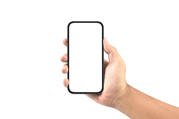 Wall Mural - hand holding black smartphone with blank screen isolated on whit