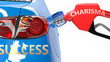 Charisma, success and happy life - pictured as a fuel pump and a car with success sticker, shows concept that Charisma brings profits and success in life, 3d illustration
