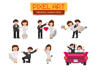 Wall Mural - Pixel Art Wedding Characters set.