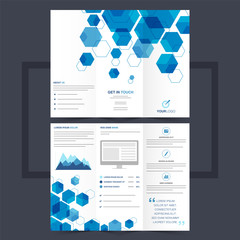 Canvas Print - Business trifold leaflet or flyer design with blue hexagonal shapes.