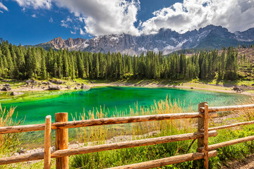 Wall Mural - beautiful carezza lake in summer, dolomites, italy