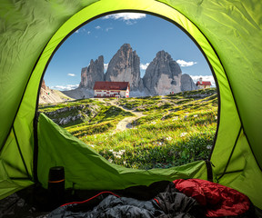 Wall Mural - camping in tent near dreizinnen hut and tre cime, dolomites