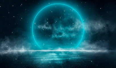 Abstract night landscape. Neon blue light, tree silhouettes, reflection in the water, moonlight light. Misty forest, dark, smoke, smog. Night view.