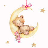 Cute slepping teddy bear on the moon and golden stars; watercolor hand draw illustratuion; with white isolated background