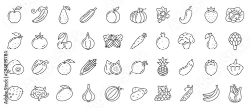 Fotomural Fruit berry vegetable food line icon vector set