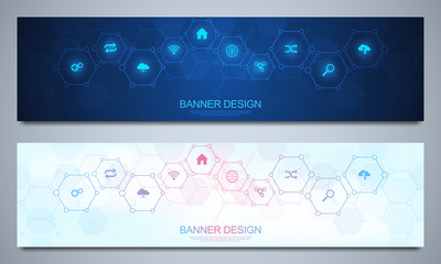 banners design template for technological decoration with flat icons and symbols. concept and idea f
