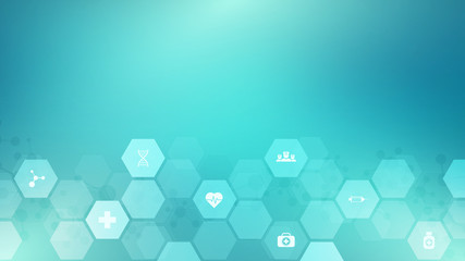 Aufkleber - Abstract medical background with flat icons and symbols. Template design with concept and idea for healthcare technology, innovation medicine, health, science and research.