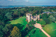 Aerial drone view  of the Malahide castle in Dublin, Ireland. The castle, along with its subsidiary attractions, was for many years operated as a tourist attraction by Dublin Tourism
