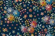 Embroidery seamless pattern with floral motifs. Colorful flowers, leaves and berries on dark blue background.