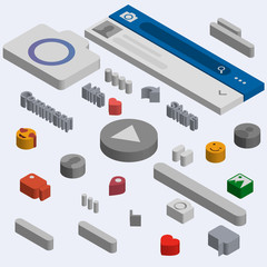 Poster - Isometric social media flat icons set. 3d concept with chat, video, mail, phone, hashtag, like, music sign. Web illustration infographics collection.