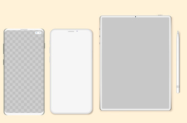 Poster - Clay phones and tablet computer mockup - front view. Set of modern clay devices mockups: tablet and phone. Vector illustration