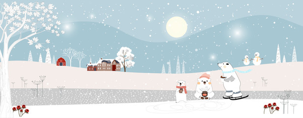 Panorama of winter landscape at night,Vector of winter wonderland with teddy bear family playing ice skates celebrating on Christmas night