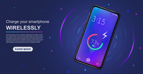 Poster - futuristic phone is charged wirelessly on a blue background. wireless charging of a device battery. 
