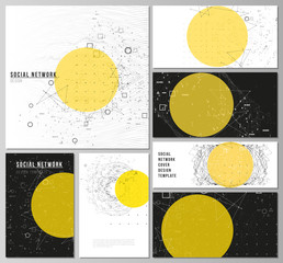 The minimalistic abstract vector layouts of modern social network mockups in popular formats. Science or technology 3d background with dynamic particles. Chemistry and science concept.
