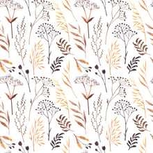 Watercolor Seamless Pattern With Dried Winter Herbs And Leaves Isolated On White Background. Autumn Illustration In Brown Colors. Hand Drawn Floral Backdrop Perfect For Interior Fabrics, Wallpapers.