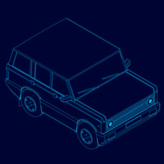 Wall Mural - Outline of a jeep of blue lines on a dark background. View isometric. Vector illustration.