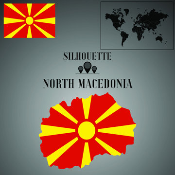 North Macedonia  outline world map, contour silhouette with national flag inside vector illustration creative design, isolated on background, objects, element, symbol from countries set