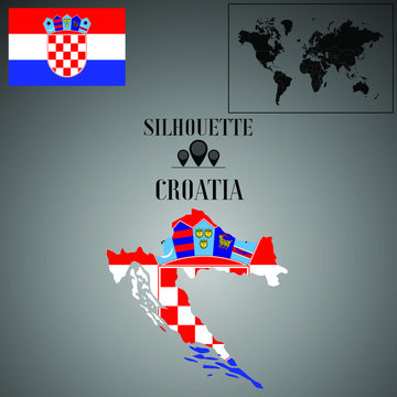 Croatia outline world map, contour silhouette with national flag inside vector illustration creative design, isolated on background, objects, element, symbol from countries set