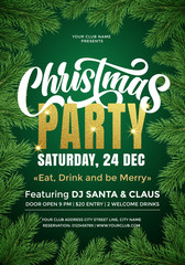 Wall Mural - Christmas Party banner template with text and fir tree branches border. 24 December music party celebration