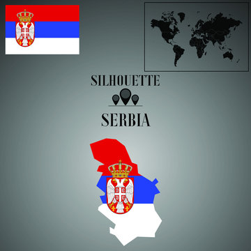 Serbia outline world map, contour silhouette with national flag inside vector illustration creative design, isolated on background, objects, element, symbol from countries set