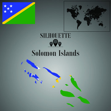 Solomon Islands  outline world map, contour silhouette with national flag inside vector illustration creative design, isolated on background, objects, element, symbol from countries set