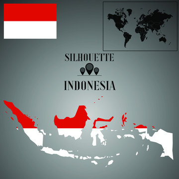 Indonesia outline world map, contour silhouette with national flag inside vector illustration creative design, isolated on background, objects, element, symbol from countries set