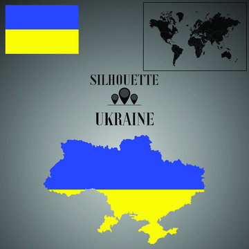 Ukraine outline world map, contour silhouette with national flag inside vector illustration creative design, isolated on background, objects, element, symbol from countries set