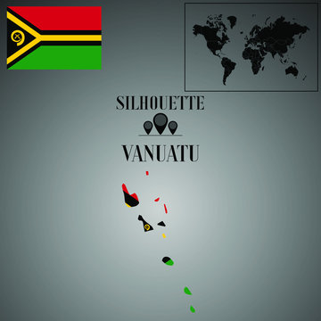  Vanuatu outline world map, contour silhouette with national flag inside vector illustration creative design, isolated on background, objects, element, symbol from countries set