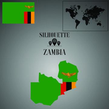 Zambia outline world map, contour silhouette with national flag inside vector illustration creative design, isolated on background, objects, element, symbol from countries set