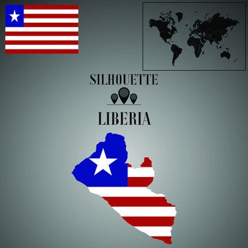 Liberia outline world map, contour silhouette with national flag inside vector illustration creative design, isolated on background, objects, element, symbol from countries set