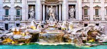 Panoramic View Of Famous Fontana De Trevi Fountain In Old Town Rome, Italy.