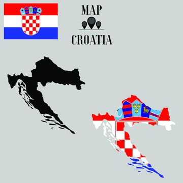  Croatia outline world map, contour silhouette with national flag inside vector illustration creative design, isolated on background, objects, element, symbol from countries set