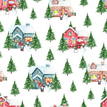 Seamless Christmas Pattern With Houses And Gnomes. Watercolor Hand Drawn