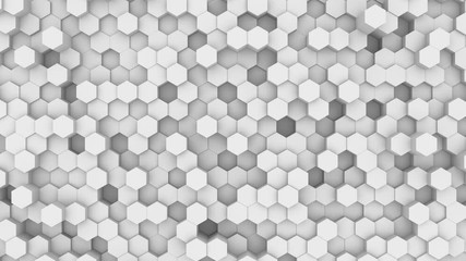 Poster - Abstract white background of moving hexagons. Monochrome futuristic pattern in white, gray and black colors. Looped animation. 3d rendering.
