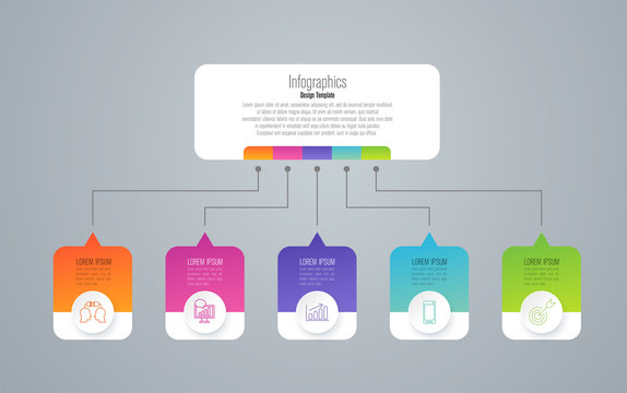 Infographics design paper art style and business icons with 5 options. Use in corporate report, marketing, annual report. Network management data screen with charts, diagrams.