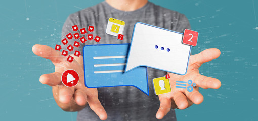 businessman holding message and notifications of social media 3d rendering