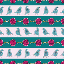 Vector Pink Roses With Green Leaves And Blue Birds On Green And Pink Stripes Seamless Repeat Pattern. Background For Textiles, Cards, Manufacturing, Wallpapers, Print, Gift Wrap And Scrapbooking.