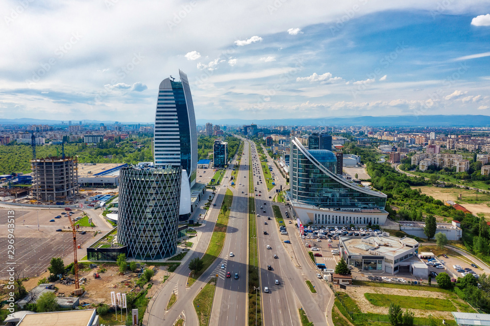 Skyscrapers in the business district of Sofia, Bulgaria, taken in May 2019 - obrazy, fototapety, plakaty 