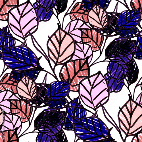 Creative seamless pattern with tropical flowers and leaves. Bright summer pri...