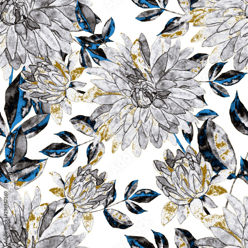 Watercolor seamless pattern with hand drawn meadow flowers. Vintage floral pa...