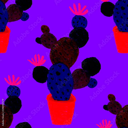 Creative seamless pattern with hand drawn cactuses in pots. Bright botanical ...