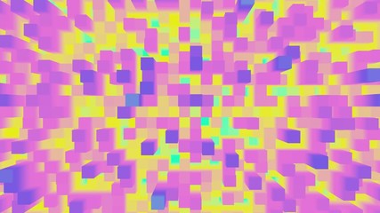 Poster - Abstract white background of moving cuboids. Monochrome futuristic pattern in violet, green and yellow colors. Looped animation. 3d rendering.
