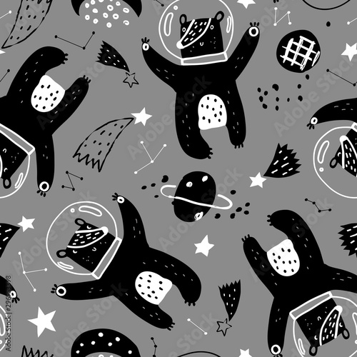 Cotton fabric Childish seamless pattern with cute bears astronauts in helmets. Cute vector texture for baby design.