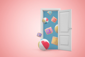 Poster - 3d rendering of open white door on gradient pink background and many windballs and ABC blocks flying from doorway.