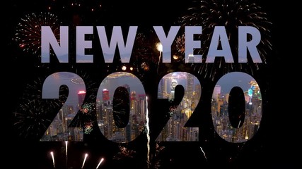 Wall Mural - 4K Video New Year 2020 text zoom in with firework celebration and Hong Kong cityscape