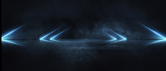 empty background scene. dark street reflection on the wet pavement. rays neon light in the dark, neo