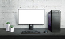 Modern Computer Display Mockup With Gaming Case, Keyboard And Mouse Beside. Isolated Screen For Mockup.