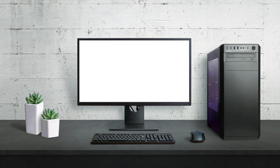 Fototapete - Modern computer display mockup with gaming case, keyboard and mouse beside. Isolated screen for mockup.