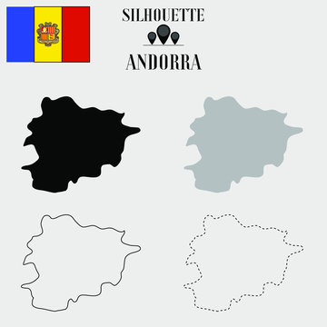  Andorra outline world map, solid, dash line contour silhouette, national flag vector illustration design, isolated on background, objects, element, symbol from countries set