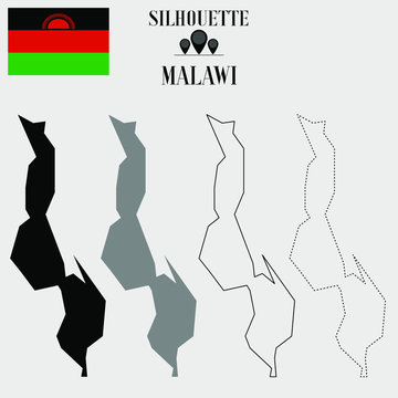 Malawi outline world map, solid, dash line contour silhouette, national flag vector illustration design, isolated on background, objects, element, symbol from countries set